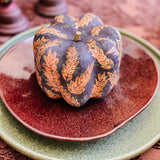 Small Paper Maché Pumpkin  - Hand Painted Brown Orange Sprig - 3.75" x 4.25"