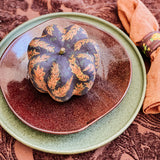 Small Paper Maché Pumpkin  - Hand Painted Brown Orange Sprig - 3.75" x 4.25"