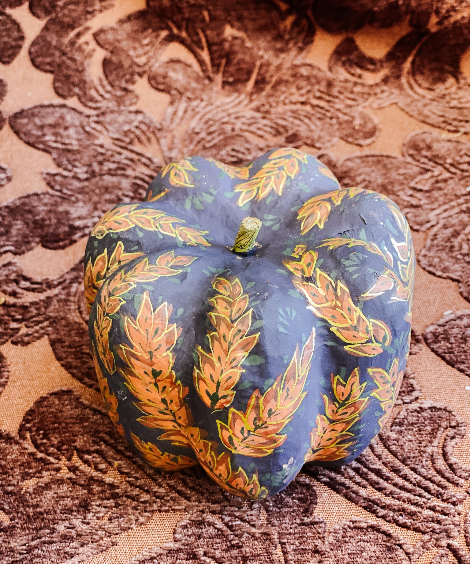 Small Paper Maché Pumpkin  - Hand Painted Brown Orange Sprig - 3.75" x 4.25"