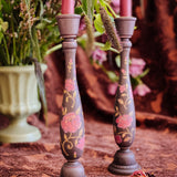 Candlestick Set - Hand Painted Vintage Roses with Garnet Candles