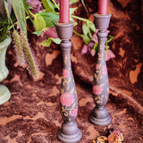 Candlestick Set - Hand Painted Vintage Roses with Garnet Candles