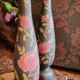 Candlestick Set - Hand Painted Vintage Roses with Garnet Candles