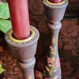Candlestick Set - Hand Painted Vintage Roses with Garnet Candles