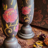 Candlestick Set - Hand Painted Vintage Roses with Garnet Candles