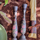 Candlestick Set - Hand Painted Vintage Roses with Garnet Candles