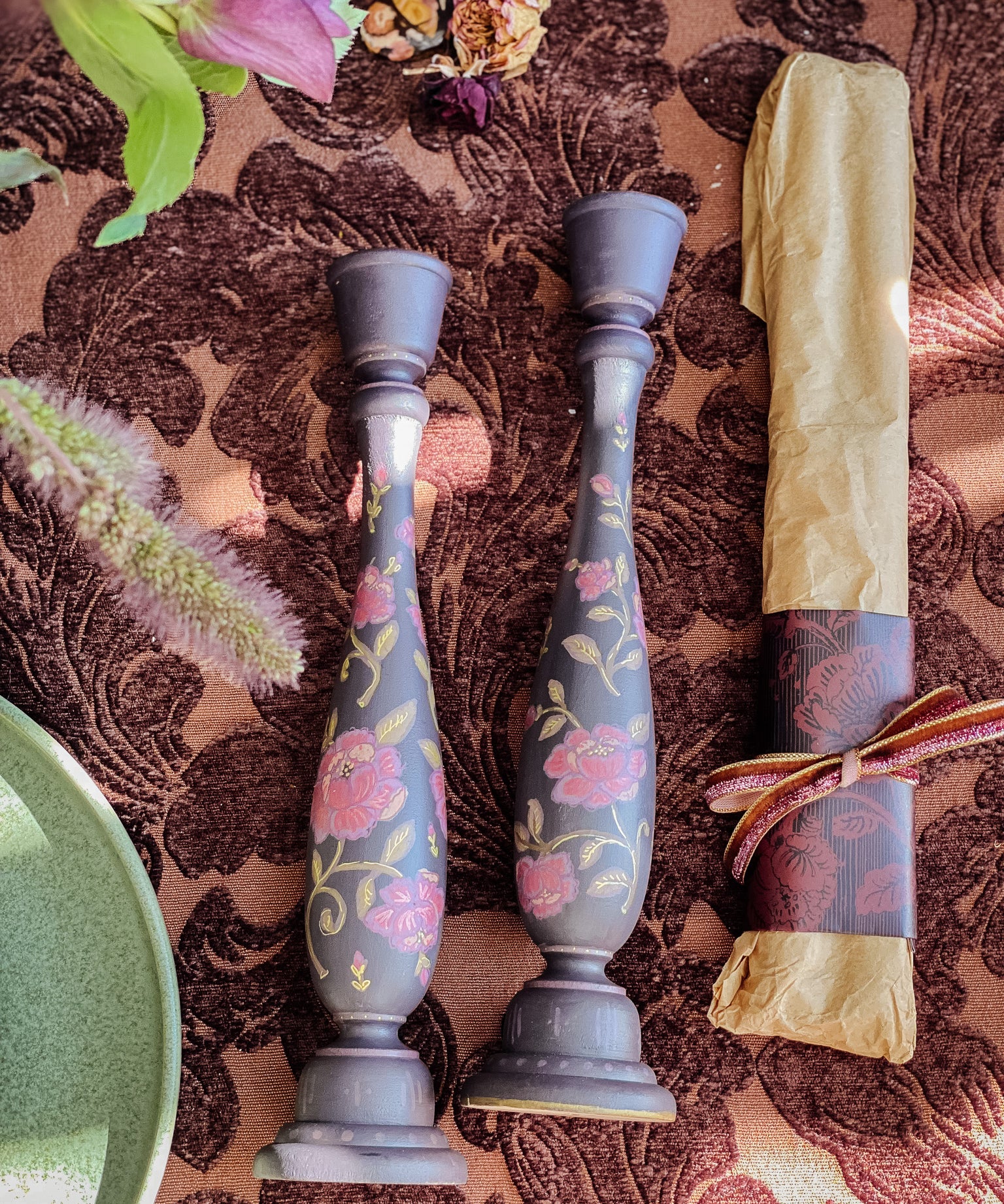 Candlestick Set - Hand Painted Vintage Roses with Garnet Candles