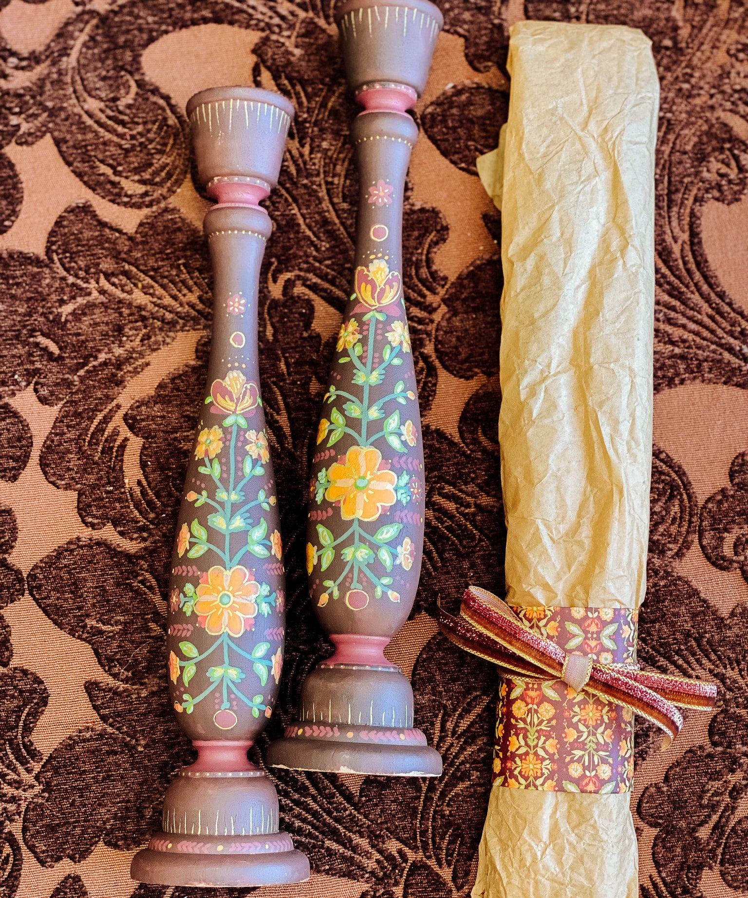 Candlestick Set - Hand Painted Autumn Spice with Marigold Candles