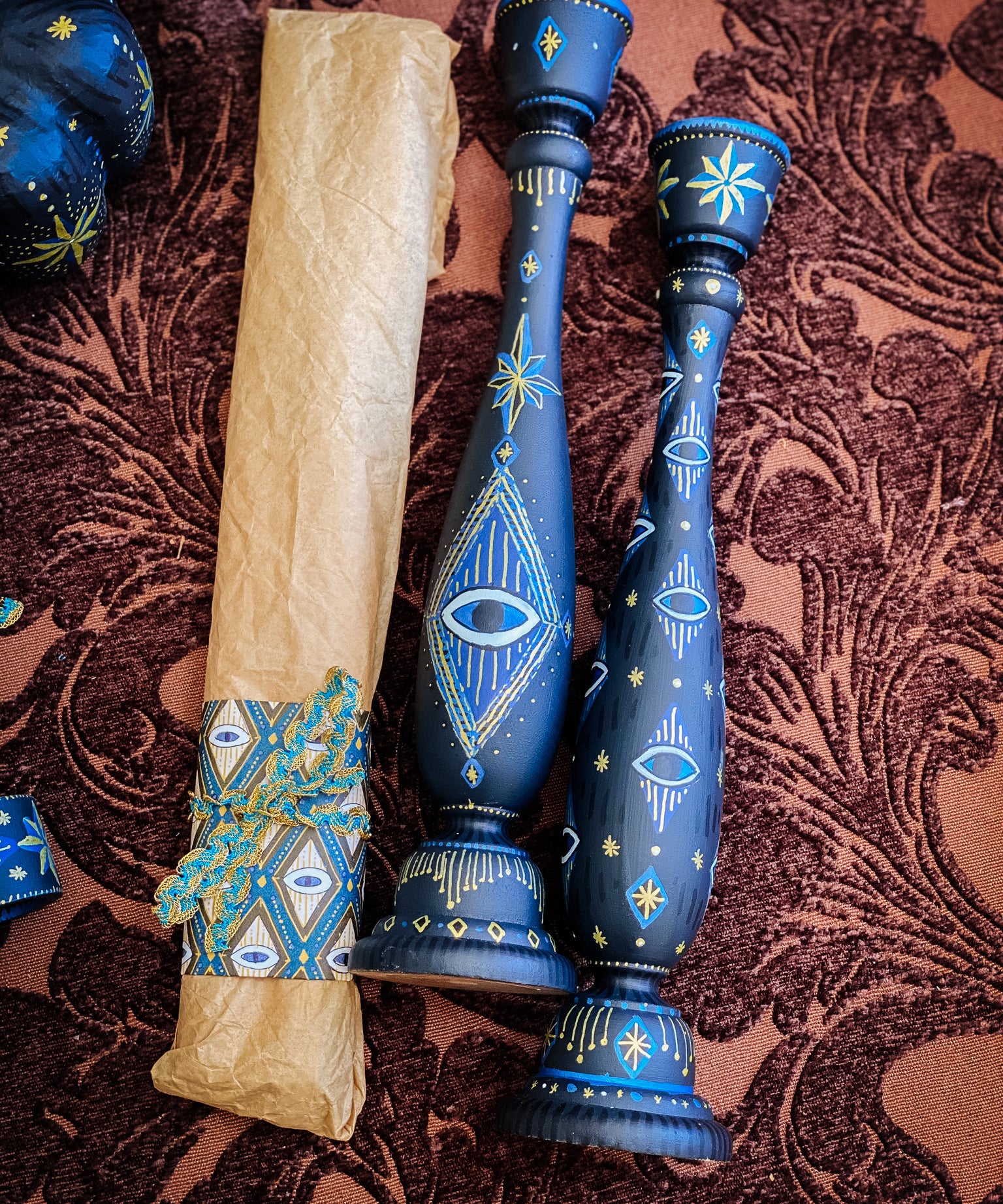 Candlestick Set - Hand Painted Midnight Protection with Black Candles