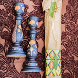 Candlestick Set - Hand Painted Black and Orange Floral Check with Ivory Candles