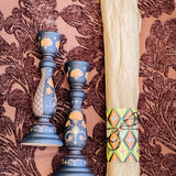 Candlestick Set - Hand Painted Black and Orange Floral Check with Ivory Candles
