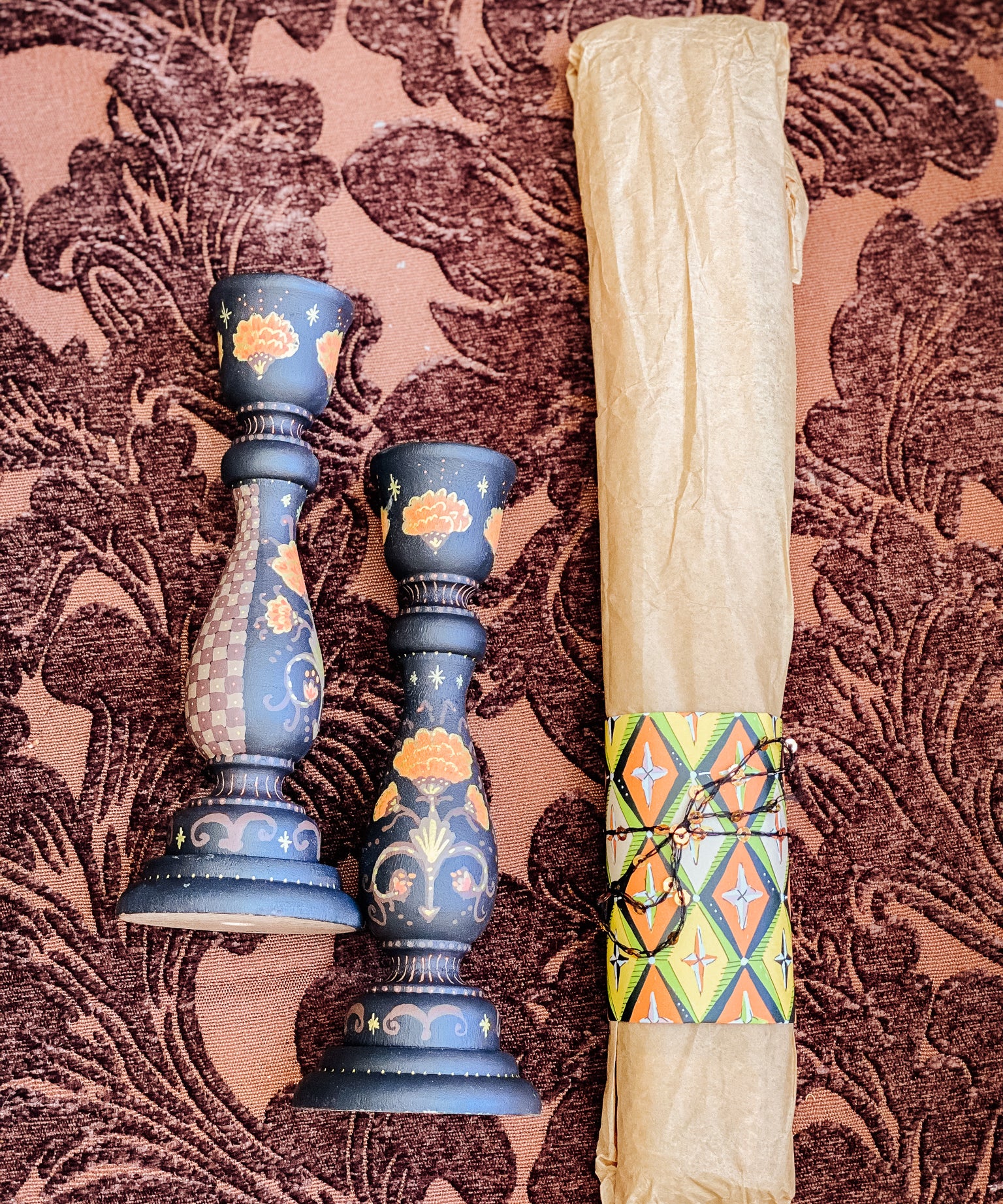 Candlestick Set - Hand Painted Black and Orange Floral Check with Ivory Candles
