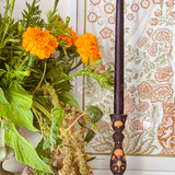 Candlestick Set - Hand Painted Black and Orange Floral Check with Ivory Candles