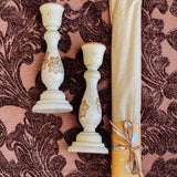 Candlestick Set - Hand Painted Cream Metallic with Natural Candles
