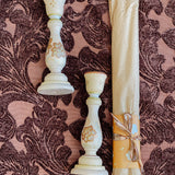 Candlestick Set - Hand Painted Cream Metallic with Natural Candles
