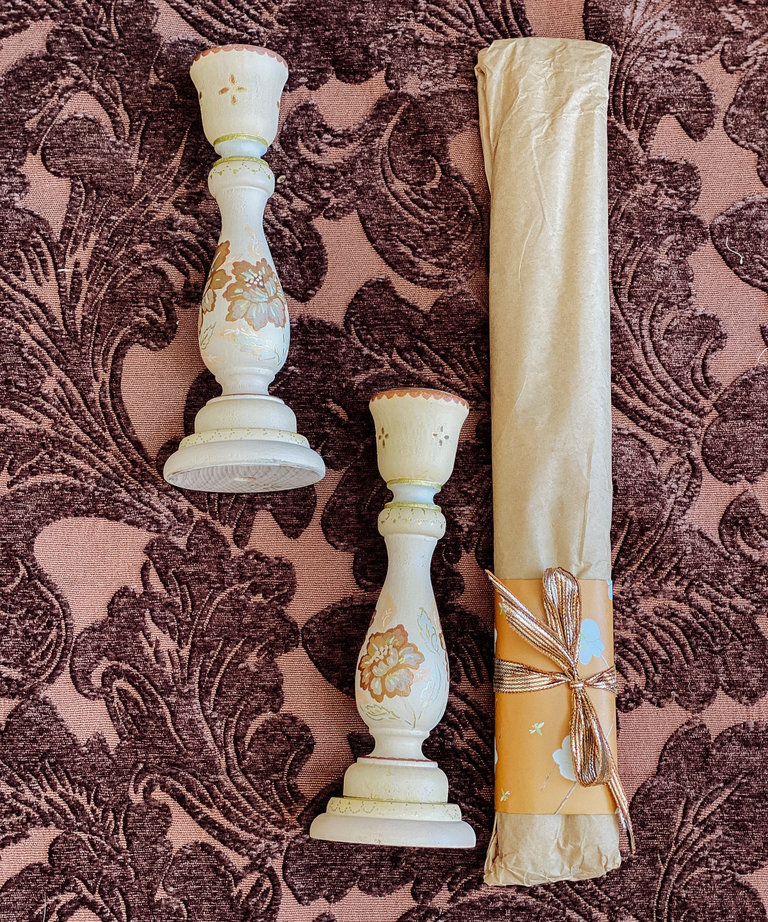 Candlestick Set - Hand Painted Cream Metallic with Natural Candles
