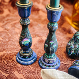 Candlestick Set - Hand Painted Teal Floral with Teal Candles