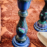 Candlestick Set - Hand Painted Teal Floral with Teal Candles
