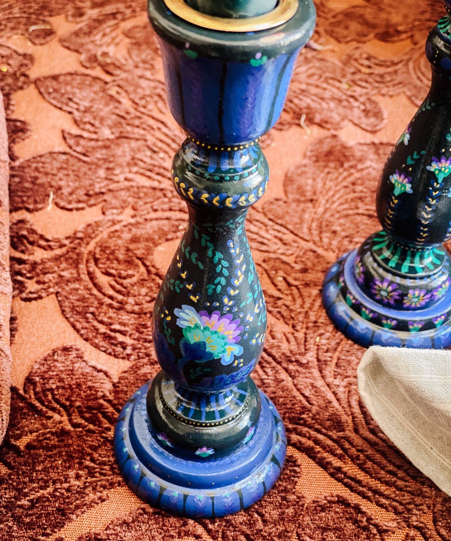 Candlestick Set - Hand Painted Teal Floral with Teal Candles