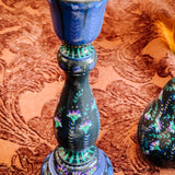 Candlestick Set - Hand Painted Teal Floral with Teal Candles