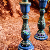 Candlestick Set - Hand Painted Teal Floral with Teal Candles