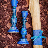 Candlestick Set - Hand Painted Teal Floral with Teal Candles