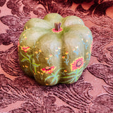 Small Paper Maché Pumpkin  - Hand Painted Green Zinnia - 3.75" x 4.25"