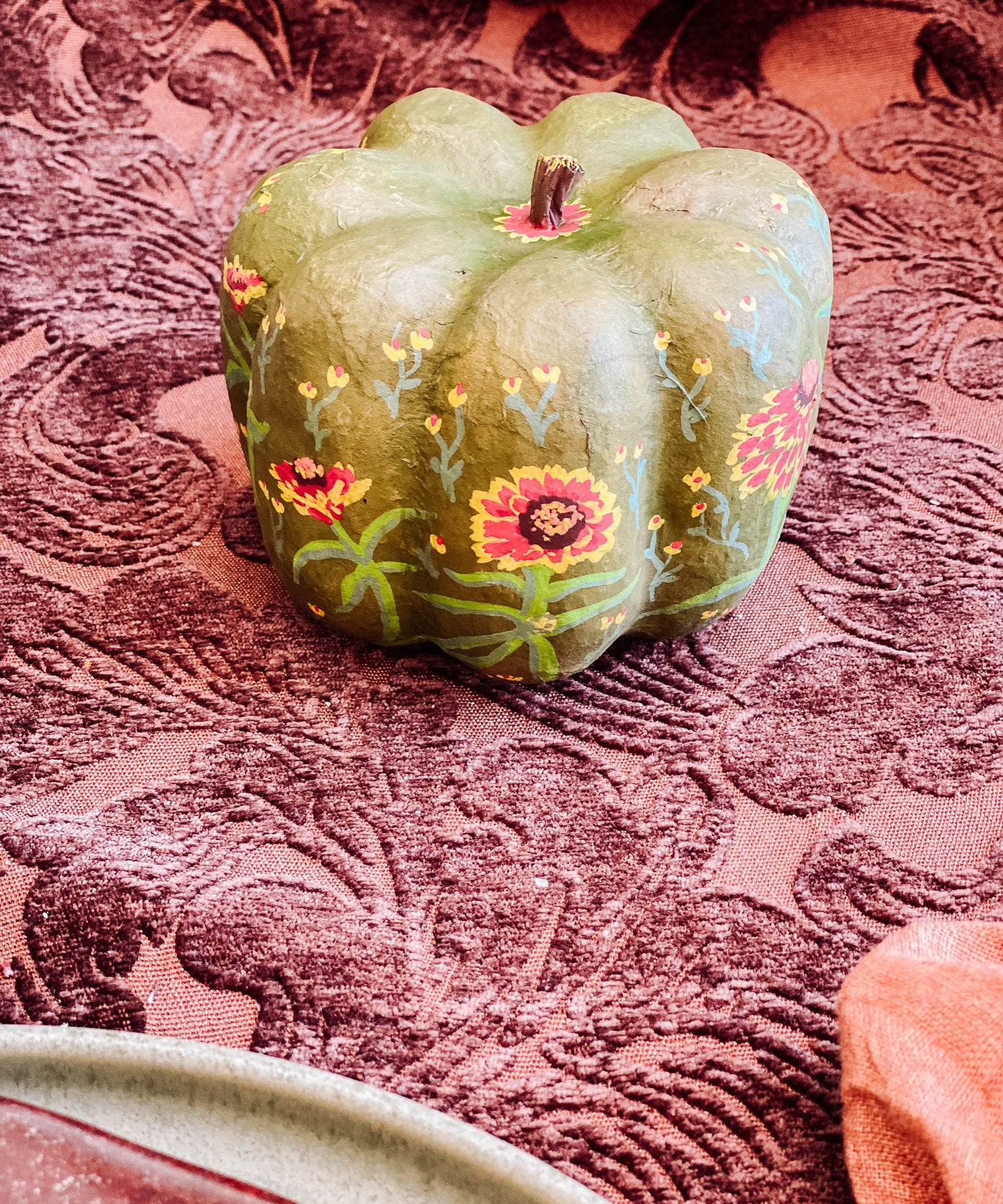 Small Paper Maché Pumpkin  - Hand Painted Green Zinnia - 3.75" x 4.25"