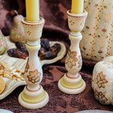 Candlestick Set - Hand Painted Cream Metallic with Natural Candles