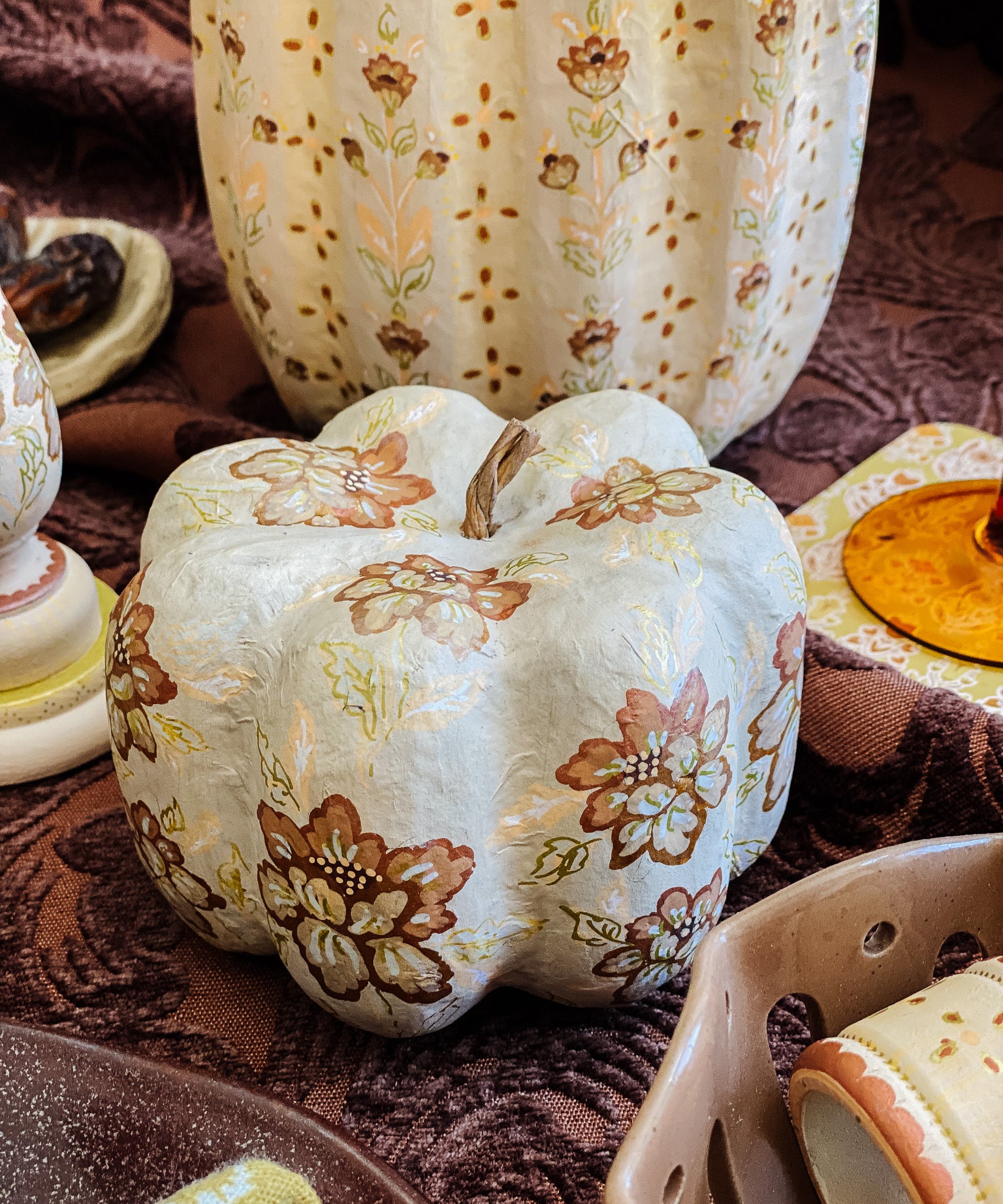 Small Paper Maché Pumpkin  - Hand Painted Cream Metallic - 3.75" x 4.25"