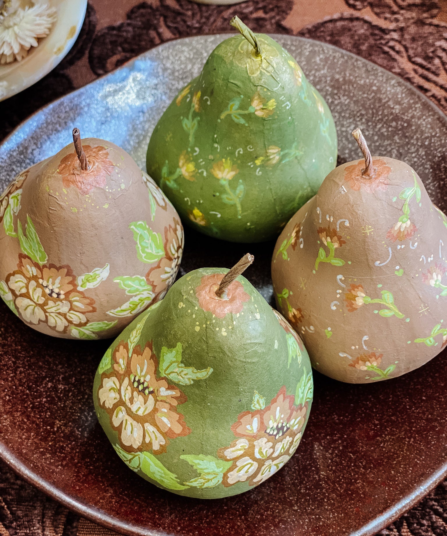 Paper Maché Pair of Pears  - Hand Painted Brown Metallic Floral - 3.5" x 2.875"