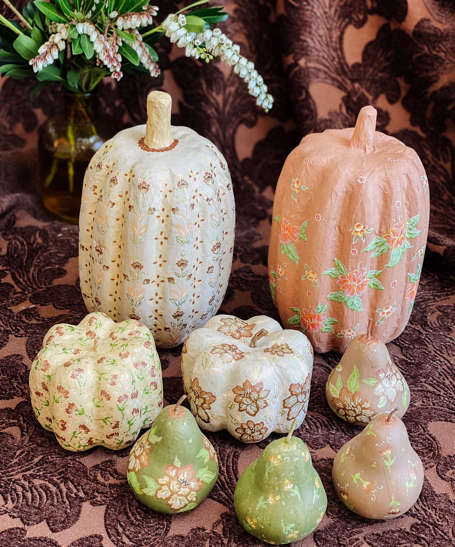 Large Paper Maché Pumpkin  - Hand Painted Cream Metallic - 10" x 6"