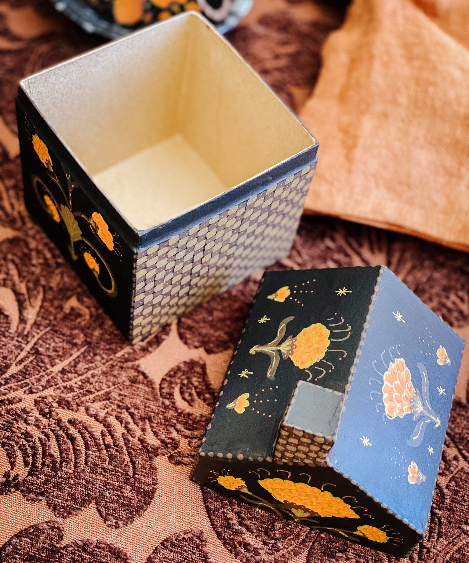 Paper Maché House-Shaped Box  - Hand Painted Black and Orange