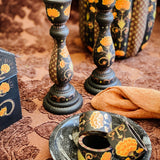 Napkin Ring Set - Hand Painted Black and Orange Floral Check