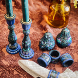 Candlestick Set - Hand Painted Teal Floral with Teal Candles