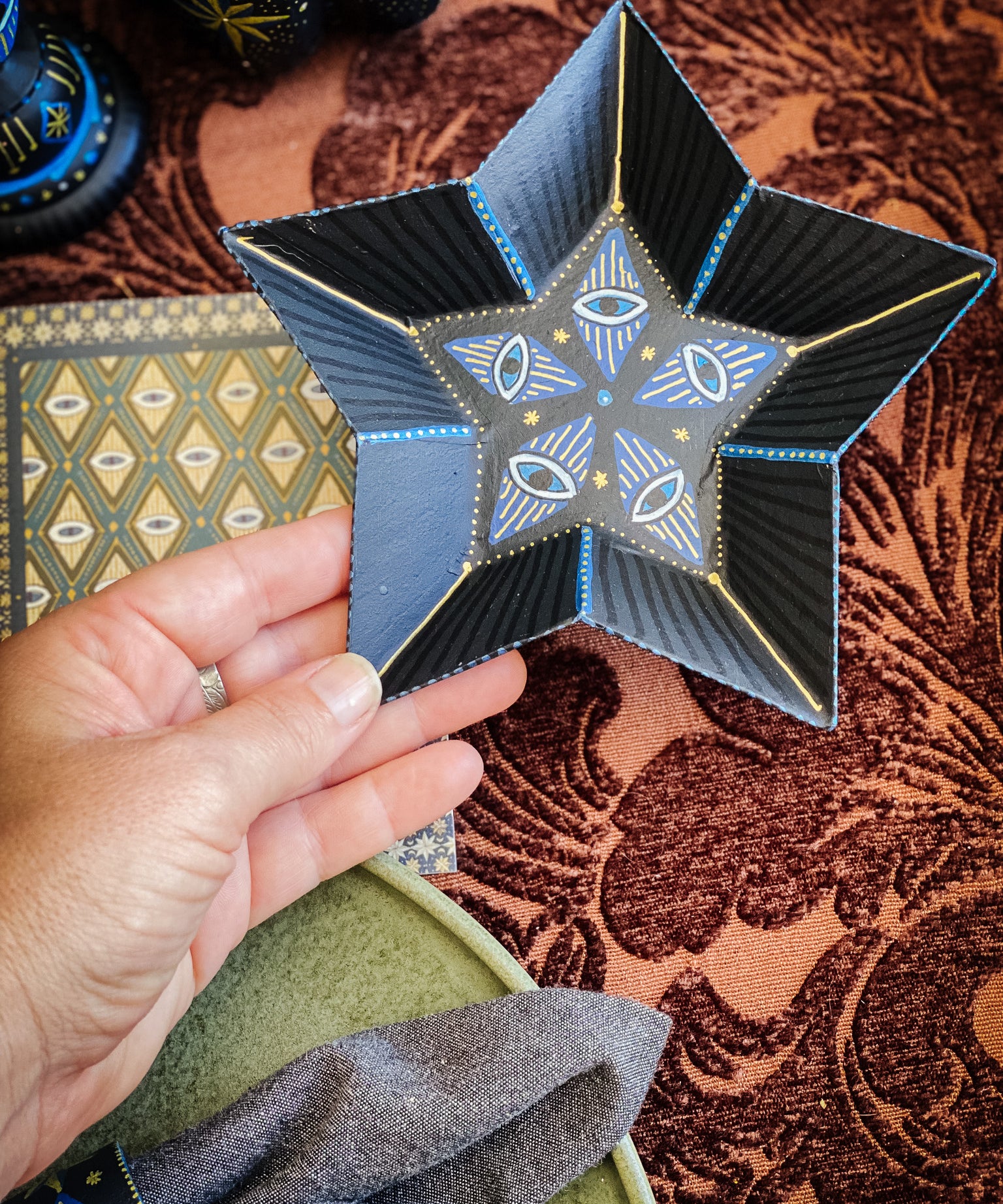 Paper Maché Star-Shaped Tray - Hand Painted Midnight Protection - 6.5in