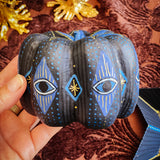 Small Paper Maché Pumpkin  - Hand Painted Midnight Protection - 3.75" x 4.25"