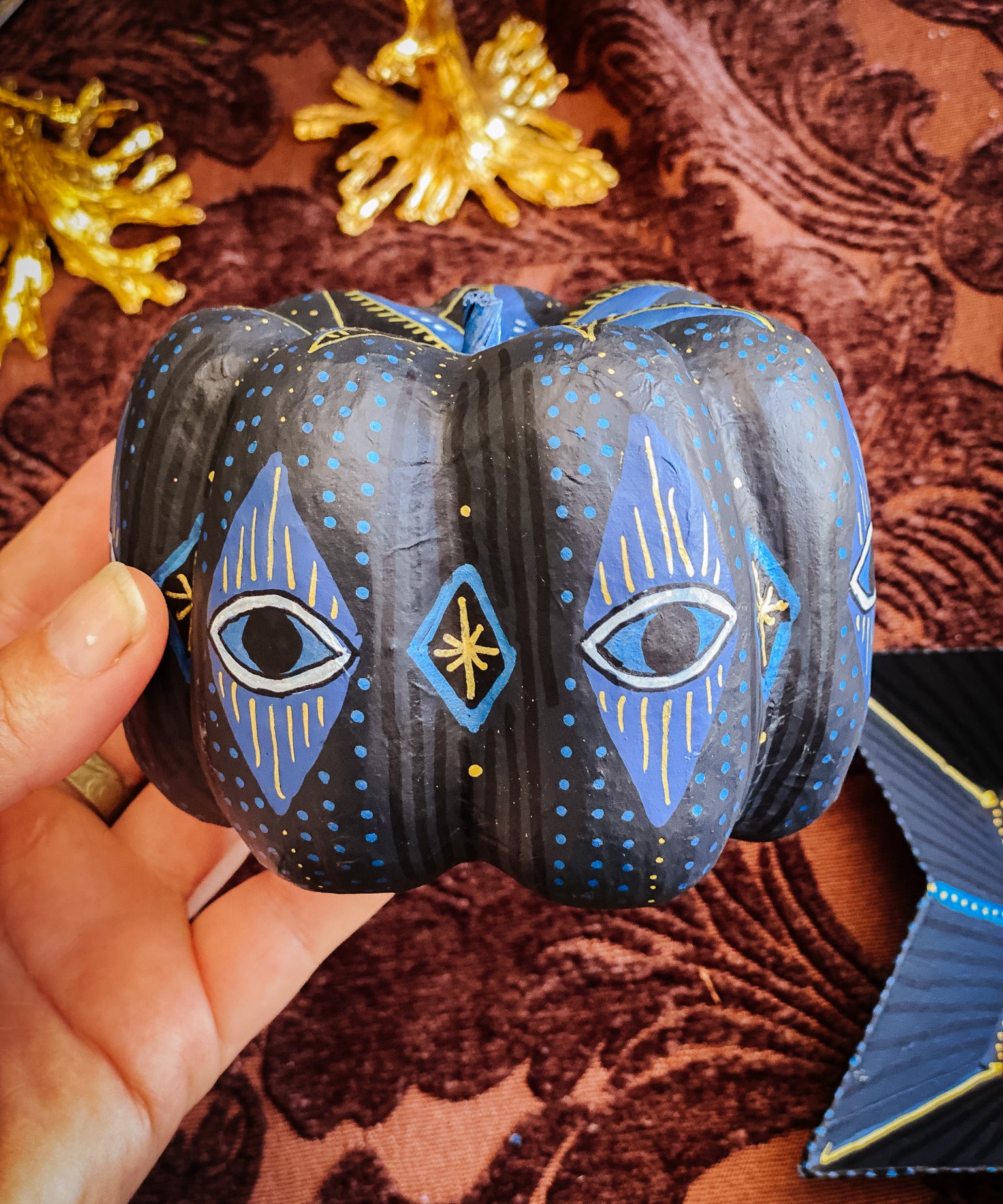 Small Paper Maché Pumpkin  - Hand Painted Midnight Protection - 3.75" x 4.25"
