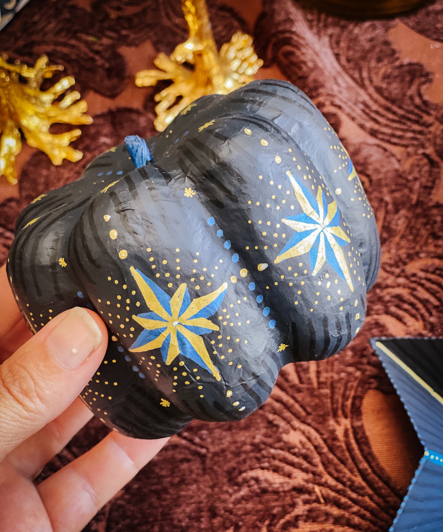 Small Paper Maché Pumpkin  - Hand Painted Midnight Stars - 3.75" x 4.25"