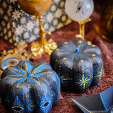 Small Paper Maché Pumpkin  - Hand Painted Midnight Protection - 3.75" x 4.25"