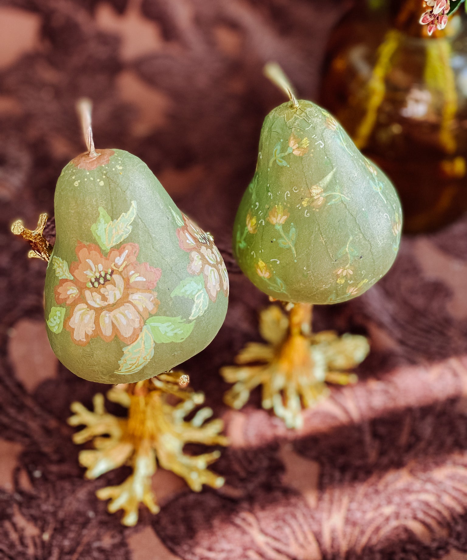 Paper Maché Pair of Pears  - Hand Painted Green Metallic Floral - 3.5" x 2.875"
