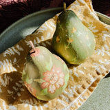 Paper Maché Pair of Pears  - Hand Painted Green Metallic Floral - 3.5" x 2.875"