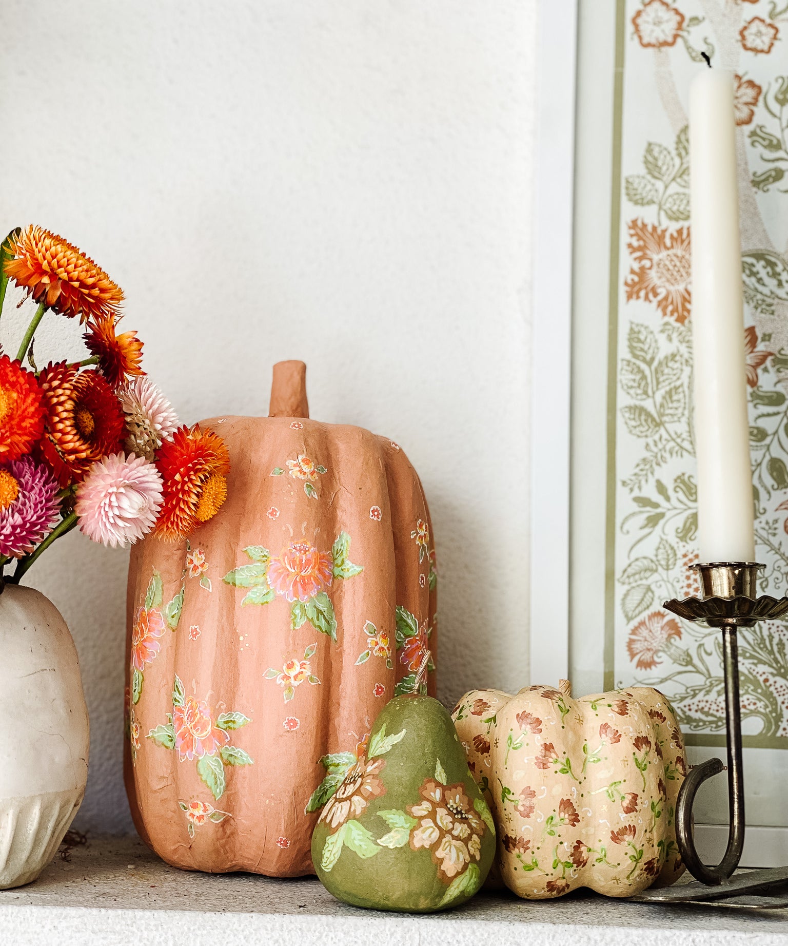 Small Paper Maché Pumpkin  - Hand Painted Custard Metallic - 3.75" x 4.25"