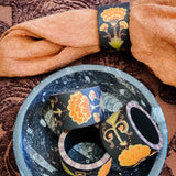 Napkin Ring Set - Hand Painted Black and Orange Floral Check