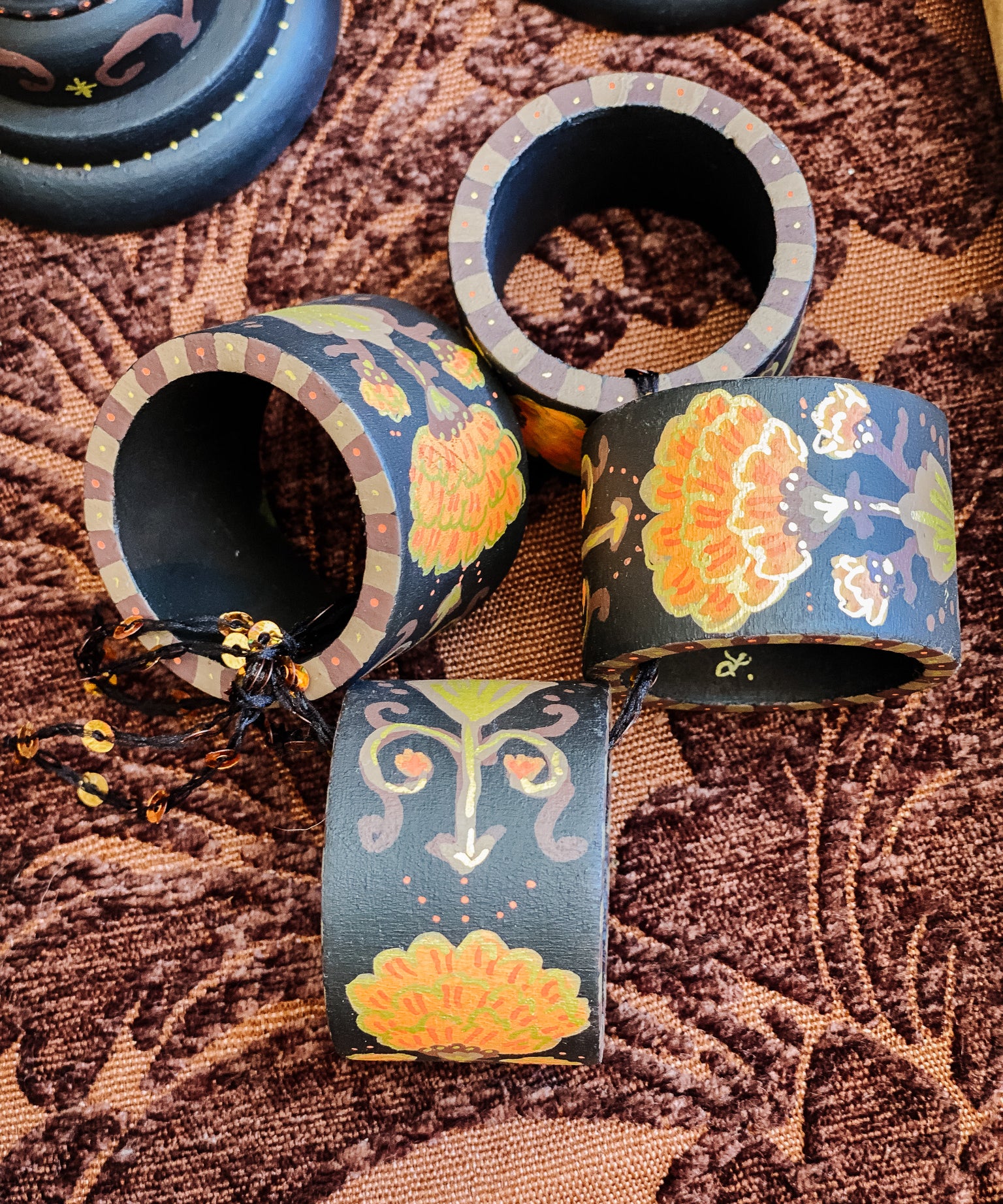 Napkin Ring Set - Hand Painted Black and Orange Floral Check