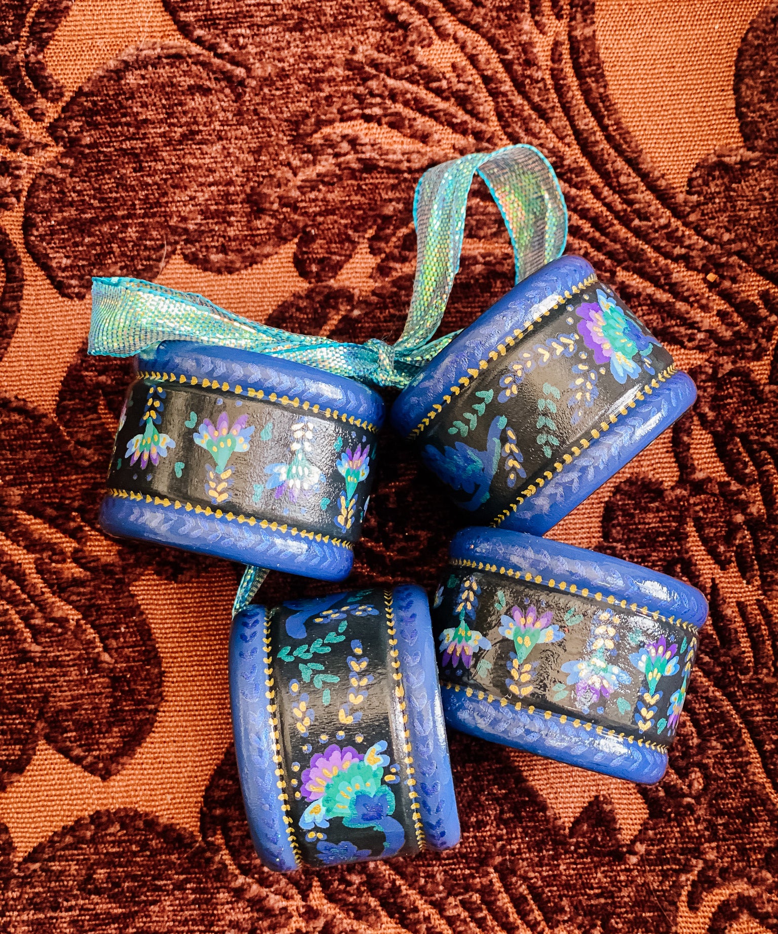 Napkin Ring Set - Hand Painted Teal Floral Sprig