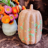 Large Paper Maché Pumpkin  - Hand Painted Orange Floral - 10" x 6"