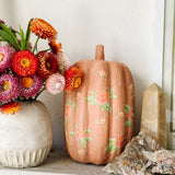 Large Paper Maché Pumpkin  - Hand Painted Orange Floral - 10" x 6"