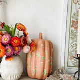 Large Paper Maché Pumpkin  - Hand Painted Orange Floral - 10" x 6"