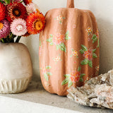Large Paper Maché Pumpkin  - Hand Painted Orange Floral - 10" x 6"