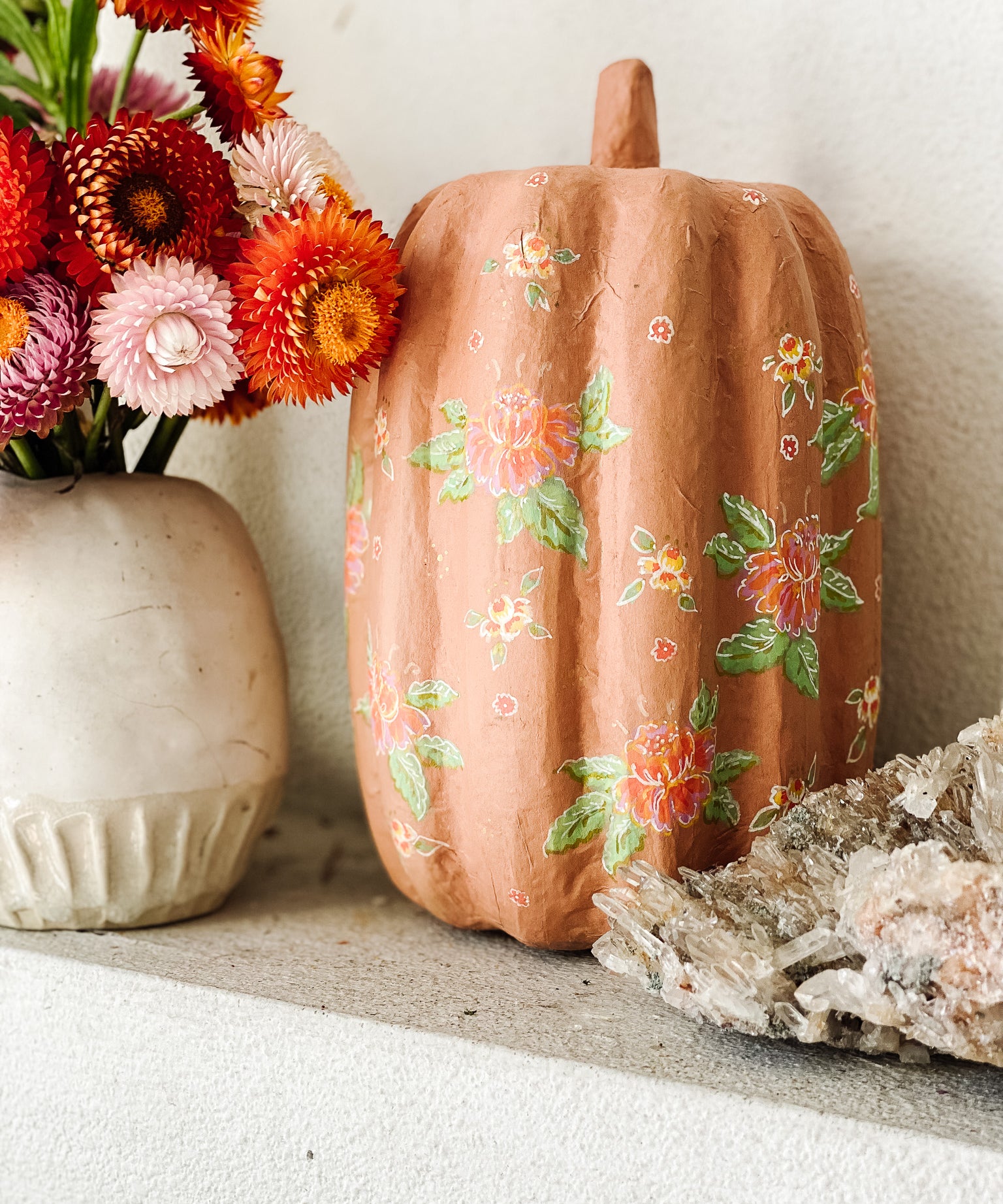 Large Paper Maché Pumpkin  - Hand Painted Orange Floral - 10" x 6"